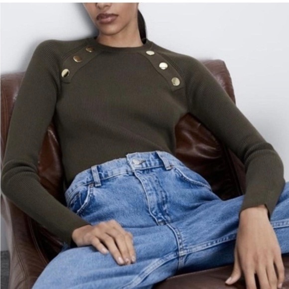 Zara Olive Ribbed Sweater - Picture 2 of 5